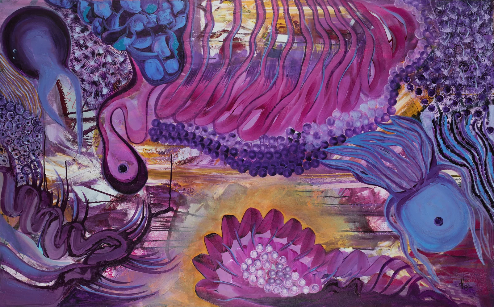 Breathing Love (2026), abstract painting by Karina Lumière in violet, magenta and blue